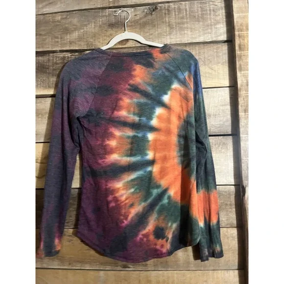 No Boundaries Womens Tie Dye Long Sleeve Top Orange Purple Size M 7-9 Pocket - Picture 2 of 4